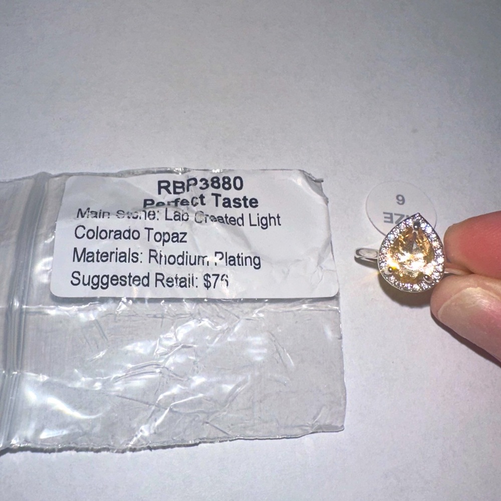 Bomb Party ring Lab Created Light Colorado Topaz on rhodium plating sz 6🧡